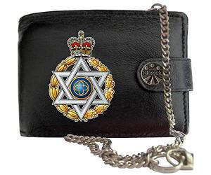Klassek Royal Army Chaplain Jewish Image Men Chain Wallet Real Leather Cap Badge Emblem Military Crest Insignia RFID Blocking with Coin Pocket and Metal Gift Box