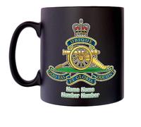 Klassek Royal Artillery Mug with Personalise Option Image of Military Emblem Flag Crest Insignia MOD Official Product Coffee Tea 10oz Black Satin Gift Present