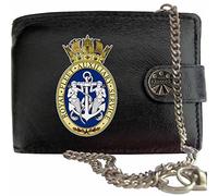 Klassek Royal Fleet Auxiliary Image Men Chain Wallet Real Leather Cap Badge Emblem Military Crest Insignia RFID Blocking with Coin Pocket and Metal Gift Box