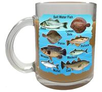 Klassek Saltwater Fishing Mugs for Men Anglers Fishermans Fish Mug Fisher Woman Hygenic Glass Coffee Tea 10oz Gift Present, speciesBass, Lemon Sole, Plaice, Pollock, Wrasse, Mackerel, Cod, Mullet