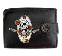 Klassek Skull Guns and Roses American Western Cowboy Mens Wallet Real Black Leather RFID Blocking with Coin Pocket and Metal Gift Box