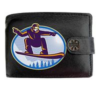 Klassek Snowboarder in Circle Snow Boarding Down Slope Wintersports Sking Mens Wallet Real Black Leather RFID Blocking with Coin Pocket and Metal Gift Box