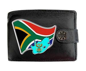Klassek South Africa Flag African Map and Coat of Arms COA Mens Wallet Real Black Leather RFID Blocking with Coin Pocket and Metal Gift Box