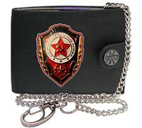 Klassek Soviet Badge USSR Russian Emblem Mens Wallet with Chain Real Leather RFID Blocking with Coin Pocket and Metal Gift Box
