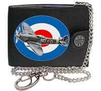 Klassek Spitfire Flying Royal Aireforce WW2 Mens Wallet with Chain Real Leather RFID Blocking with Coin Pocket and Metal Gift Box