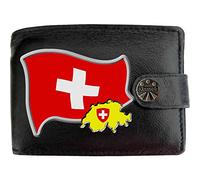 Klassek Switzerland Flag Swiss Map and Coat of Arms COA Mens Wallet Real Black Leather RFID Blocking with Coin Pocket and Metal Gift Box