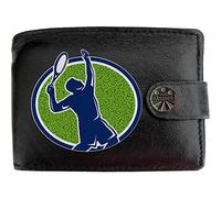 Klassek Tennis Player in Circle Serving Ball Sport Mens Wallet Real Black Leather RFID Blocking with Coin Pocket and Metal Gift Box