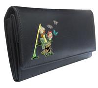 Klassek Womens Black Purse, Personalised Letters A to Z Initials, Alphabet Letters, Design with Butterfly, Bees and Flowers, RFID Protection, Real Animal Leather, Wallet, Multiple Colours Available