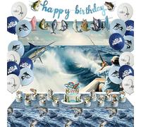 KLDZOOF Adult Fishing Birthday Party Decorations Set, Gone Fishing Theme, Ocean Party Supplies with Backdrop, Tablecloth, Banner, Balloons, Cupcake Toppers