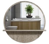 kleankin Round Mirror for Wall Makeup Mirror with Shelf Grey Wood Effect