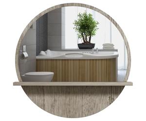 Kleankin 45cm Wall Mounted Round Mirror with Shelf, Framed Makeup Mirror for Home Decoration, Grey Wood Effect