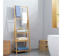 kleankin Foldable Natural Bamboo Towel Rack with 3 Towel Rails and 3 Shelves - Natural wood finish