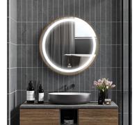 Kleankin LED Bathroom Mirror Wall Mounted Round Vanity Mirror Lights Time in Gold Kleankin Gold