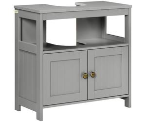 Kleankin Pedestal Under Sink Cabinet, Modern Double Door Bathroom Vanity Storage Unit with Shelves, Light Grey