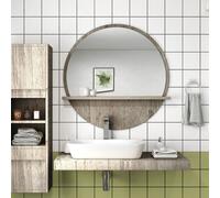 Kleankin Round Mirror For Wall Makeup Mirror With Shelf Grey Wood Effect