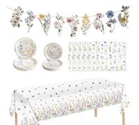 Kleeblatt Wildflower Garland Party Decorations, Flower Banner,Floral Tablecloth,Floral Paper Plates For Picnic Wedding Baby Shower Birthday Tea Party Supplies Girl