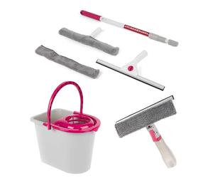 Kleeneze COMBO-5659 Spray Window Wiper, 2 in 1 Microfibre Window Cleaning Set and 14 Litre Bucket, Pink/Grey