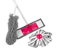 Kleeneze KL065957EU 4-Piece Cleaning Set, Includes Flat Mop, Microfibre Duster, Mop Head and Interchangeable Handle, Compact Design, Grey/Pink