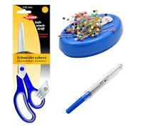 Kleiber Sewing Essentials Kit - 250mm Dressmaking Scissors, Seam Ripper & Magnetic Pin Cushion - Fabric Cutting & Unpicking Set for Tailoring, Quilting & Alterations - Blue, 3-Piece