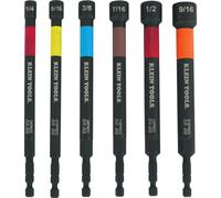 Klein Tools 32930 SAE Magnetic Impact Nut Setter Set, 6-Piece Color Coded Power Nut Setter, Extended Reach Nut Driver Bit Set with 6 SAE Sizes