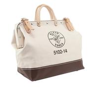 Klein Tools 5102-14 Heavy Duty Natural Canvas Tool Bag, Tool Tote, Multi-Purpose Bag with Wide Hinged Opening and Leather Handles, 14-Inch
