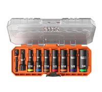 Klein Tools 65109IMPCT KNECT Deep-Well 3/8-Inch Drive Impact Socket Set, SAE, 9-Piece Tool Set with Impact Driver Adapter, Multi-Purpose Wrench Adapter, Color-Coded, MODbox Socket Organizer
