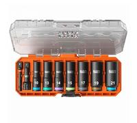 Klein Tools 65109IMPCTM KNECT Deep-Well 3/8-Inch Drive Impact Socket Set, Metric, 9-Piece Tool Set with Impact Driver Adapter, Multi-Purpose Wrench Adapter, Color-Coded, MODbox Socket Organizer