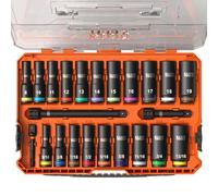 Klein Tools 65121IMPCT KNECT Deep-Well 3/8-Inch Drive Impact Socket Set, SAE and Metric, 23-Piece Tool Set, Impact Driver Adapter, Multi-Purpose Wrench Adapter, Color-Coded, MODbox Socket Organizer