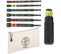 Klein Tools 80182 Ratcheting Impact-Rated Hollow Power Nut Driver Set with Handle, Magnetic, 6 SAE Hex Sizes Plus Zipper Canvas Tool Bag, 12.5 x 7 x 0.7-Inch 8-Piece