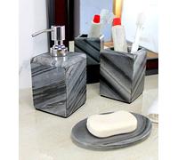 KLEO - Bathroom Accessory Set Made from Natural Stone - Bath Accessories Set Includes Soap Dispenser, Toothbrush Holder, Soap Dish (Grey - Set of 3)