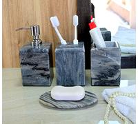 KLEO - Marble Stone Bathroom Accessory Set of 4 includes Soap / Lotion Dispenser, Toothbrush Holder, Tumbler and Soap Dish - Grey / Black
