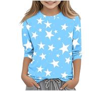 Kleoque 3/4 Sleeve Kids Shirts Crew Neck Autumn Boys Girls Tops Shirts Lightweight Three 3/4 Sleeve Blouses Daily School Versatile Basic Tee Trendy Clothes #04Blue 3-4 Years