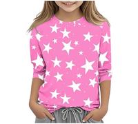 Kleoque 3/4 Sleeve Kids Shirts Crew Neck Autumn Boys Girls Tops Shirts Lightweight Three 3/4 Sleeve Blouses Daily School Versatile Basic Tee Trendy Clothes #04Hot Pink 5-6 Years