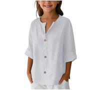 Kleoque Cotton Linen Shirts For Kids Gauze Boho Button Down 3/4 Sleeve Blouses Girls Autumn Tops Loose Fit Beach Vacation Outfits Comfort Everydaywear #01White 13-14 Years