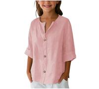 Kleoque Cotton Linen Shirts For Kids Gauze Boho Button Down 3/4 Sleeve Blouses Girls Autumn Tops Loose Fit Beach Vacation Outfits Comfort Everydaywear #01Pink 7-8 Years