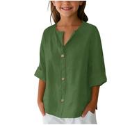 Kleoque Cotton Linen Shirts For Kids Gauze Boho Button Down 3/4 Sleeve Blouses Girls Autumn Tops Loose Fit Beach Vacation Outfits Comfort Everydaywear #01Green 11-12 Years