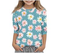 Kleoque Girls 3/4 Sleeve Shirts Crewneck Lightweight T Shirts Comfy Funny Flower Print Blouses Cute Graphic Print Daily Tops Casual School Autumn Basic Tshirts #02Green 9-10 Years