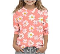 Kleoque Girls 3/4 Sleeve Shirts Crewneck Lightweight T Shirts Comfy Funny Flower Print Blouses Cute Graphic Print Daily Tops Casual School Autumn Basic Tshirts #02Pink 9-10 Years