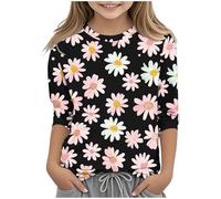 Kleoque Girls 3/4 Sleeve Shirts Crewneck Lightweight T Shirts Comfy Funny Flower Print Blouses Cute Graphic Print Daily Tops Casual School Autumn Basic Tshirts #02Black 4-5 Years