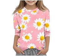 Kleoque Girls 3/4 Sleeve Shirts Crewneck Lightweight T Shirts Comfy Funny Flower Print Blouses Cute Graphic Print Daily Tops Casual School Autumn Basic Tshirts #01Pink 4-5 Years