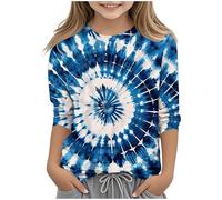 Kleoque Girls 3/4 Sleeve Shirts Crewneck Lightweight T Shirts Comfy Funny Gradient Print Blouses Cute Graphic Print Daily Tops Casual School Autumn Basic Tshirts #06Navy 9-10 Years