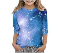 Kleoque Girls 3/4 Sleeve Shirts Crewneck Lightweight T Shirts Comfy Funny Gradient Print Blouses Cute Graphic Print Daily Tops Casual School Autumn Basic Tshirts #04Navy 5-6 Years