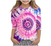 Kleoque Girls 3/4 Sleeve Shirts Crewneck Lightweight T Shirts Comfy Funny Gradient Print Blouses Cute Graphic Print Daily Tops Casual School Autumn Basic Tshirts #05Pink 7-8 Years