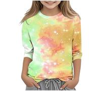 Kleoque Girls 3/4 Sleeve Shirts Crewneck Lightweight T Shirts Comfy Funny Gradient Print Blouses Cute Graphic Print Daily Tops Casual School Autumn Basic Tshirts #03Orange 5-6 Years