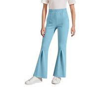 Kleoque Girls Bell Bottoms Trousers School Uniform Stretchy Leggings Unique Pleated Front Solid Color Elastic Waist Comfy Trendy Pants Kids Dance Party Trousers #01Blue 12-13 Years