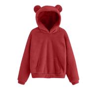 Kleoque Girls Boys Hooded Sweatshirt With Cute Bear Ear Cap Autumn Warm Plush Pullover Long Sleeve Outwear Casual Hoodies With Pocket Fleece Thermal Solid Hoodie Red 14-15 Years