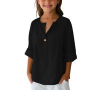 Kleoque Kids Linen Shirt Button Up V Neck Solid Blouse 3/4 Sleeves Casual Loose Fit Tunic Tops Autumn T Shirts Lightweight Breathable Blouse Tees #01Black 13-14 Years