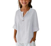 Kleoque Kids Linen Shirt Button Up V Neck Solid Blouse 3/4 Sleeves Casual Loose Fit Tunic Tops Autumn T Shirts Lightweight Breathable Blouse Tees #01White 9-10 Years