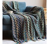 KLEVERISE Bohemian Boho Throw Blankets, Knitted with Tassel, Outdoor Reversible Soft Cozy Lightweight Throw Blankets, Couch Bed Sofa Decorative Afghan Throw Blanket All Seasons Blue 50x60 inches
