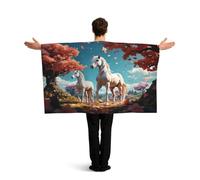 KLGRTJHK Wearable Cape with Sleeves, Lightweight Polyester Flag Poncho for Sporting Events, and Party Celebration White stallion under the peach blossom tree
